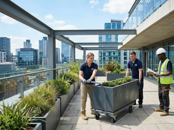 Lightweight fibreglass planters being installed on a rooftop terrace.