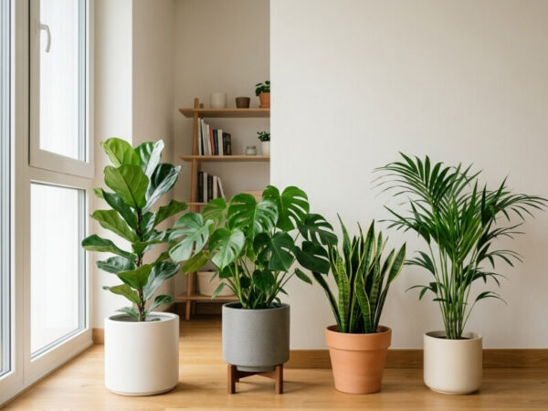 Indoor plants displayed without drip trays in a clean setup. 