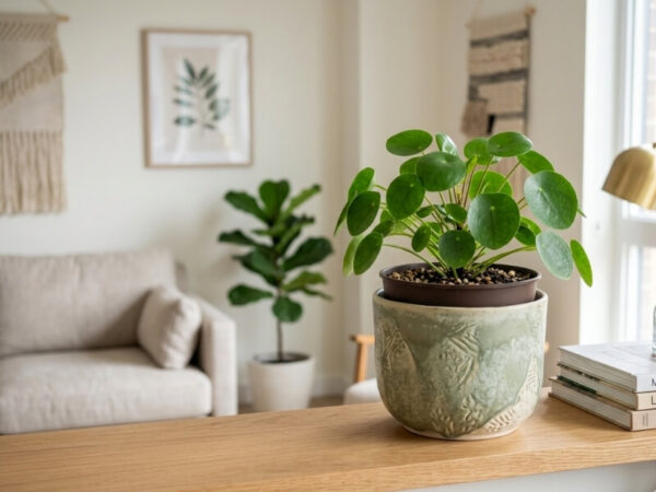 Decorative planter used as a cachepot with inner nursery pot. 
