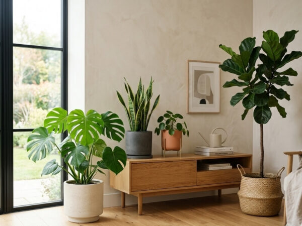 Indoor plants in decorative planters in a modern home. 