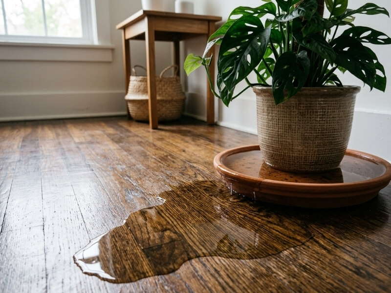 Overflowing plant drip tray causing water spill on floor.