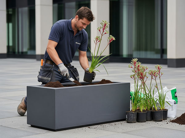 Planting-kangaroo-paw-plant-in-large-planter