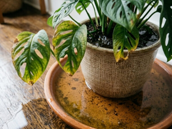 Plant sitting in stagnant water leading to root rot risk.