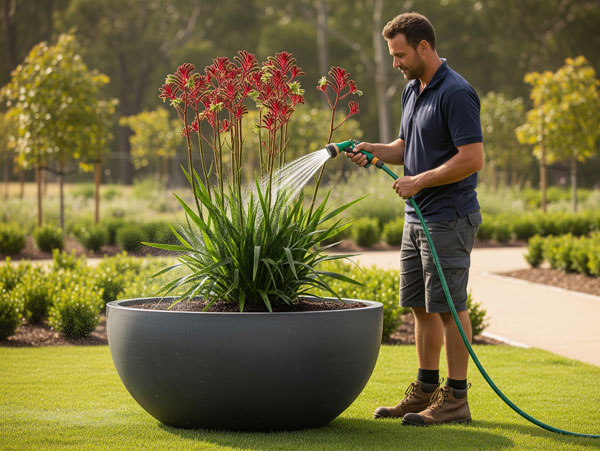 Watering-kangaroo paw plant in large planter