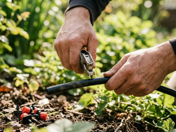 	Gardener's hand using a hole punch tool to create an opening in drip irrigation tubing
