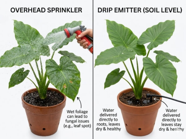 Comparison of sprinkler wetting plant leaves causing fungus versus drip irrigation keeping leaves dry