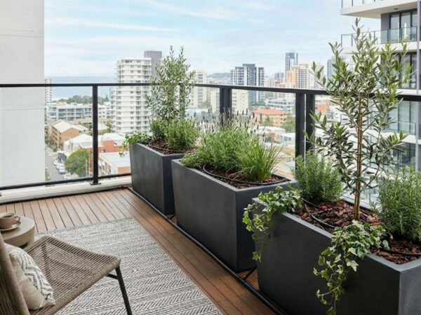 hero image - large planters in balcony with drip iriigation