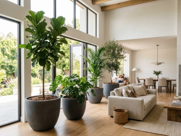 Large round planters in a residential setting