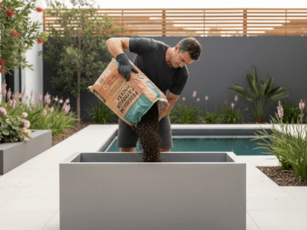 Gardener filling architectural planter with potting mix without gravel drainage layer.