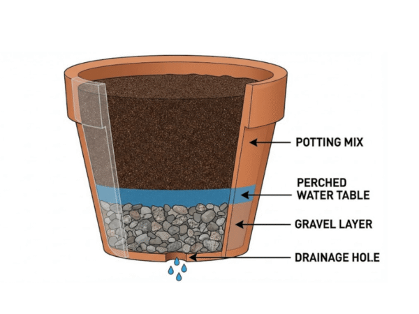 Diagram showing perched water table forming above gravel layer in planter.
