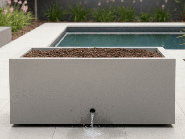 Architectural planter elevated on pot feet with proper drainage and no gravel layer.