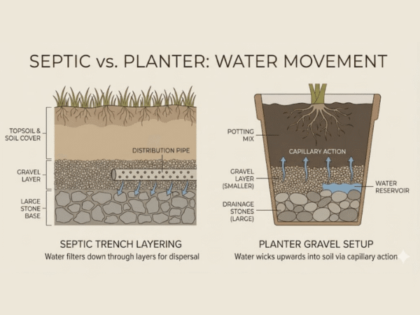 Comparison of septic trench layering and gravel in planter illustrating capillary water movement.