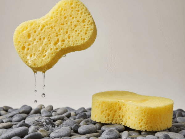 Wet sponge dripping water compared to sponge sitting on gravel demonstrating capillary action.