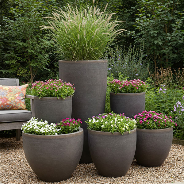 round planters of varying heights to create visual interest and add dimension to your landscape