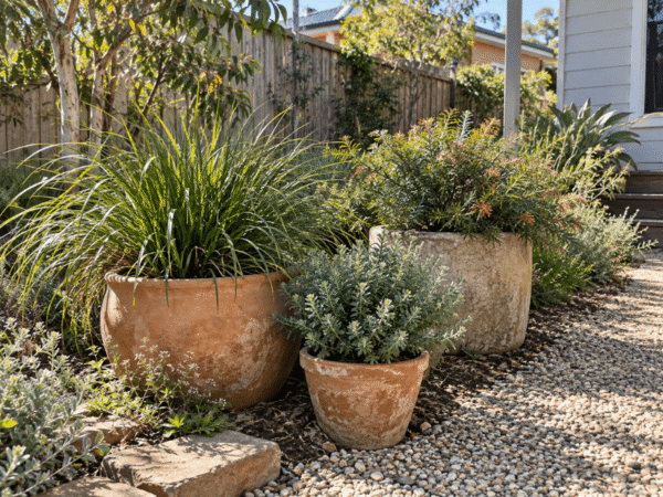Australian native grasses and flowering shrubs growing in terracotta and stone garden pots AI Prompt: