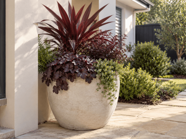 Deep burgundy and plum foliage contrasting with a light stone garden planter