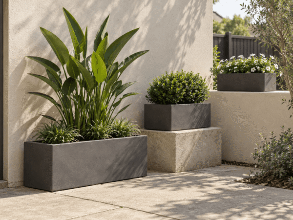 Contemporary planters arranged at different heights to add dimension to a residential courtyard