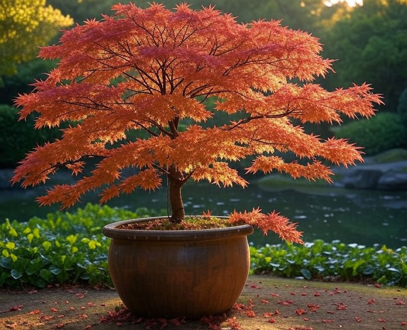 Planter with Japanese maple’s fiery autumn foliage juxtaposed against a quiet lake
