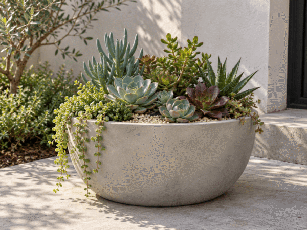A large, light grey round concrete bowl planter filled with various colorful succulents on a paved garden patio.