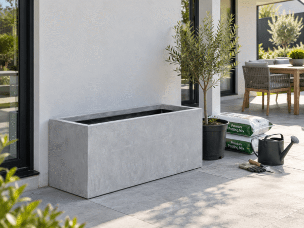 An empty light grey concrete trough planter box placed against a white wall next to bags of potting mix and a watering can on a patio.