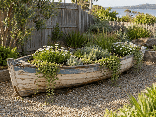 Old wooden boat repurposed into a garden planter with flowering and trailing plants