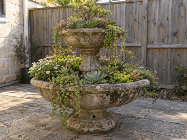 A weathered two-tiered stone fountain repurposed into a planter bowl filled with blooming flowers and trailing succulents.