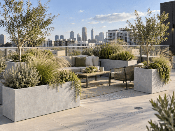 A modern rooftop patio layout featuring light grey rectangular trough planters and square cube planters filled with grasses and small trees with a city skyline background.