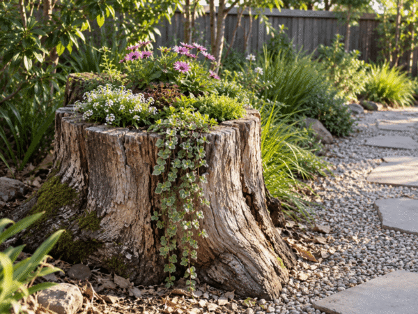 A hollowed-out tree stump repurposed into a natural garden planter filled with purple, white, and trailing green flowers along a gravel garden path.