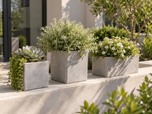 Small ornamental plants displayed in proportionately sized pots on a raised garden ledge