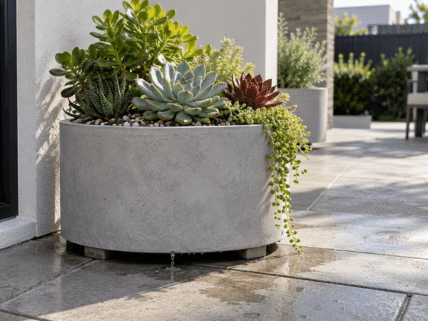 A low, cylindrical concrete planter box filled with mixed succulents spilling water from its base onto a patio tile floor.