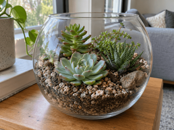A clear glass fishbowl terrarium planted with echeveria succulents, zebra haworthia, and small pebbles on a wooden side table.