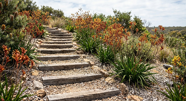 Landscape design view of native Australian Kangaroo Paw (Anigozanthos) flowering beside rustic timber garden steps on a dry, sunny bank