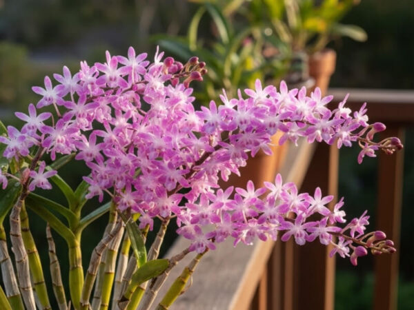Cluster of pink Dendrobium kingianum orchid flowers on a balcony.