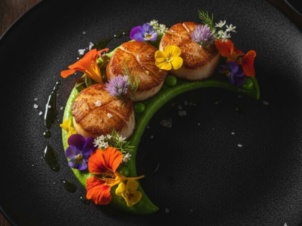 Gourmet scallop dish garnished with edible flowers.
