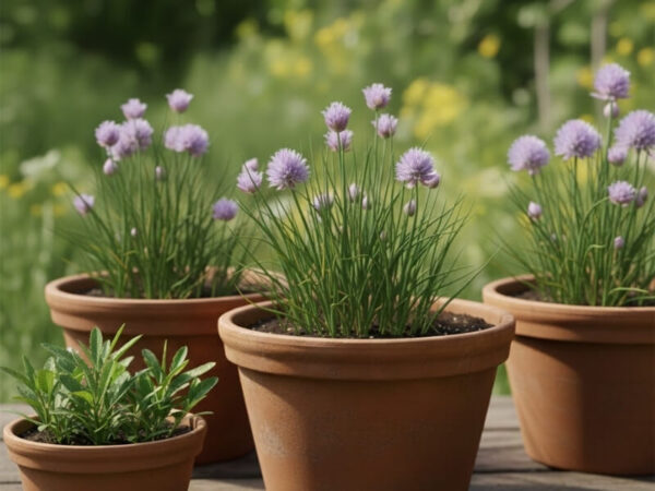 Chive plants with purple blossoms growing in terracotta pots.