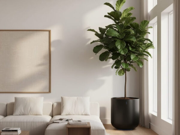 A black smart planter with a large fiddle leaf fig as part of a modern living room's decor.