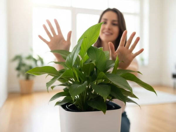 A person's hand touching a healthy green leaf in a smart planter.
