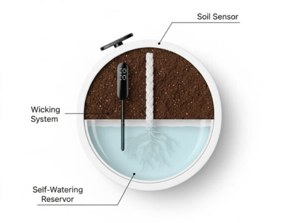 Infographic diagram showing the internal parts of a smart planter