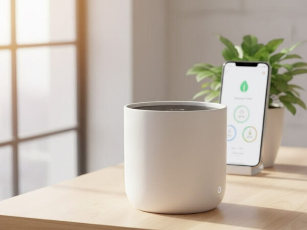 A smart planter on a desk with a smartphone showing a plant health app displaying moisture and light levels.