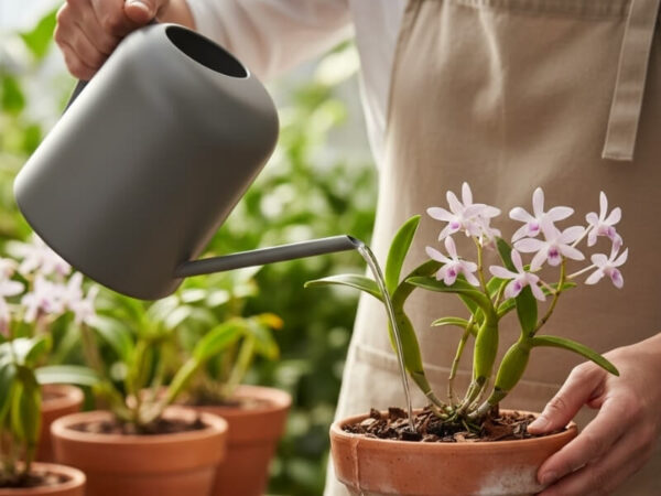 Gardener watering a potted orchid with a gray watering can.
