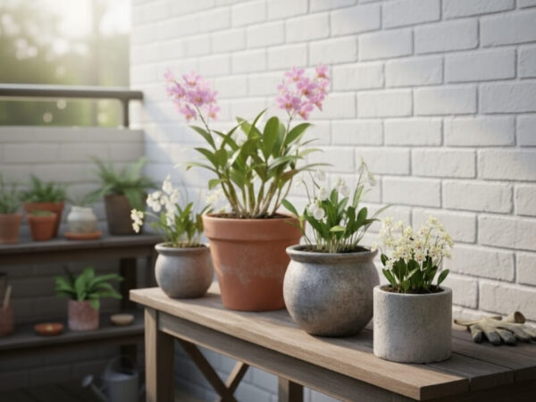 Various potted orchids displayed on a wooden table.