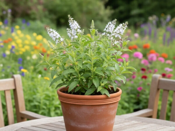 Lemon verbena plant in a terracotta pot on an outdoor table.