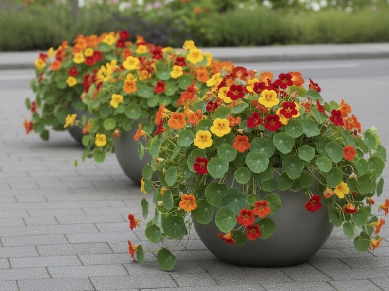 Nasturtiums with red, yellow, and orange flowers in round grey pots.