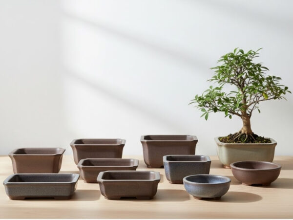 Various empty ceramic bonsai pots arranged on a wooden surface with soft light.