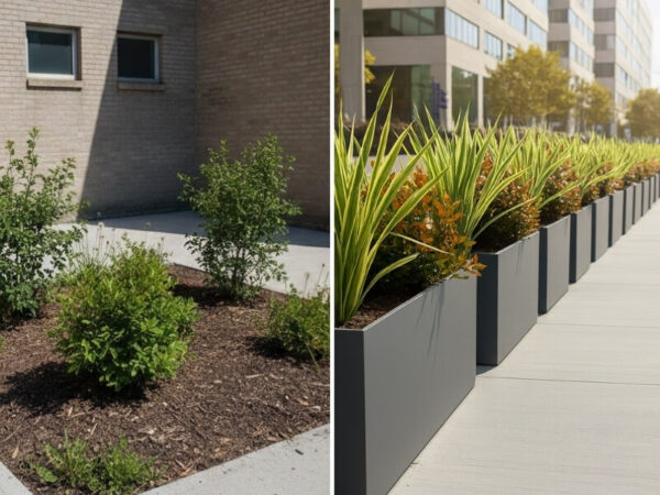 Comparison of an in-ground garden bed and a row of modern fibreglass planters.