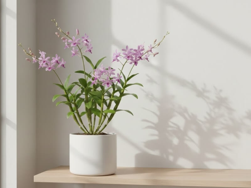Potted pink Dendrobium kingianum orchid
