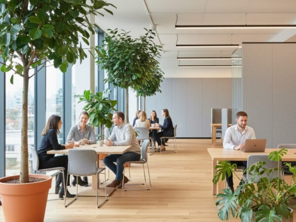 Employees working and conversing in a bright office with large indoor plants and natural light.