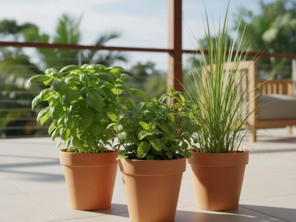 Potted basil, mint and lemongrass