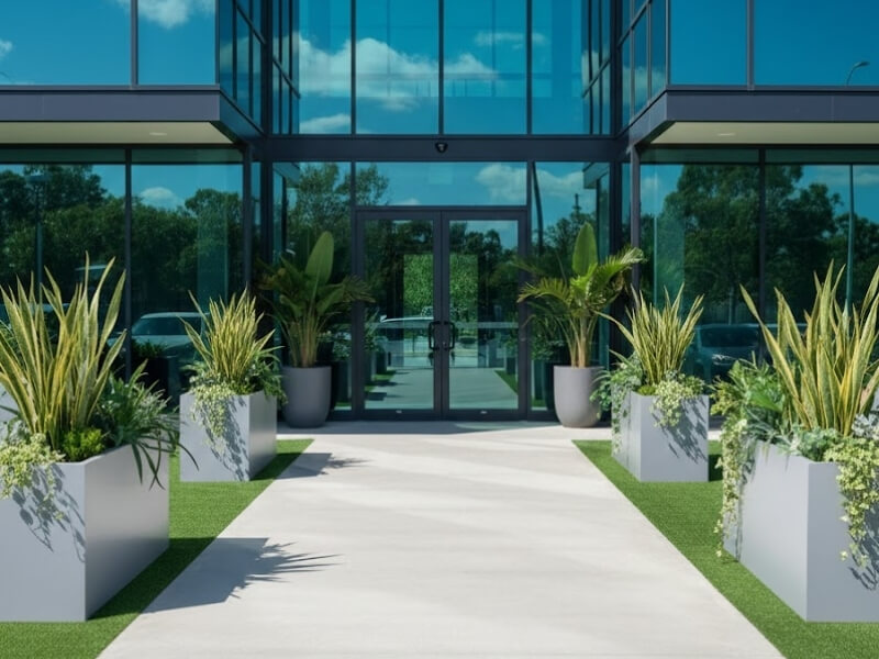 Commercial building entrance lined with large fibreglass planters and lush greenery.