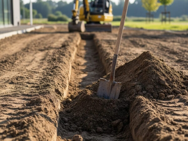 Excavation trench with a shovel and construction equipment on a worksite.